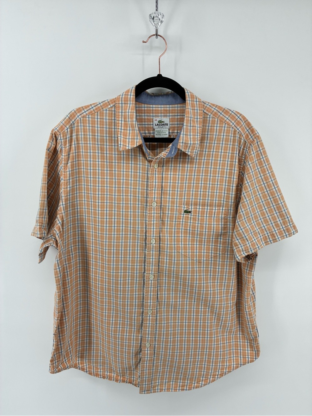 Lacoste Men’s Orange Plaid Short-Sleeve Button-Up Shirt